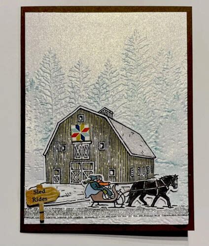 4 Stampin Up Christmas Barn Set Greeting Cards Country Quilt Horse Sled