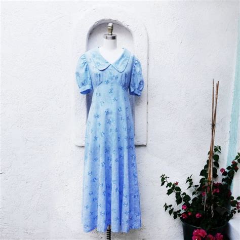 60s Blue Maxi Dress With Puffed Sleeves Fashion Constellate