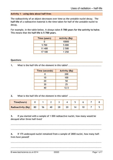 Half Life Worksheet Radiation Ks Physics Teachit Worksheets Library