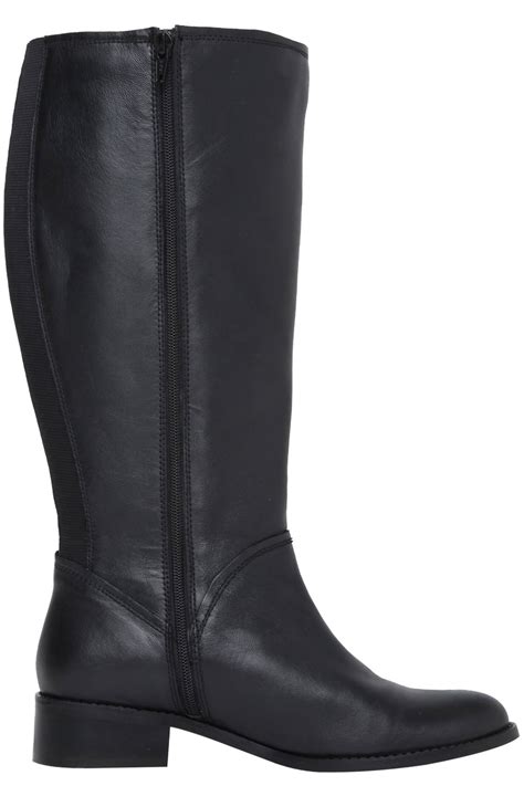 Black Leather Knee High Riding Boots With Buckle Trim Xxl Ca In Eee