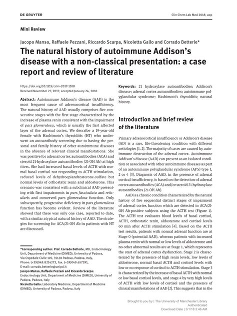 Pdf The Natural History Of Autoimmune Addison S Disease With A Non Classical Presentation A