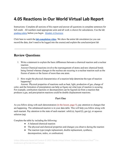 Copy Of 4 05 Reactions In Our World Lab Report 4 Reactions In Our