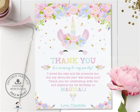 Unicorn Thank You Note Card Editable Template Cute Unicorn Etsy