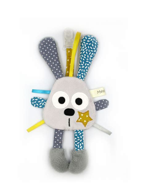 Doudou Attache T Tine Lapin Gris Bleu Jaune Recem Nascido