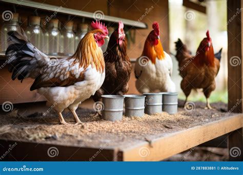 Chickens Pecking At Feed In A Homemade Feeder Stock Image Image Of