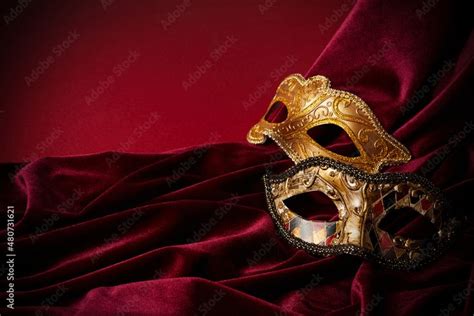 Luxury Venetian Mask On Dark Red Background Carnival Masquerade