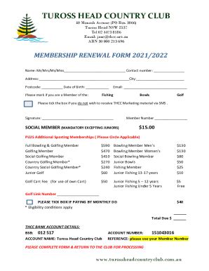 Fillable Online MEMBERSHIP RENEWAL FORM 2021 2022 Thcc Net Au Fax