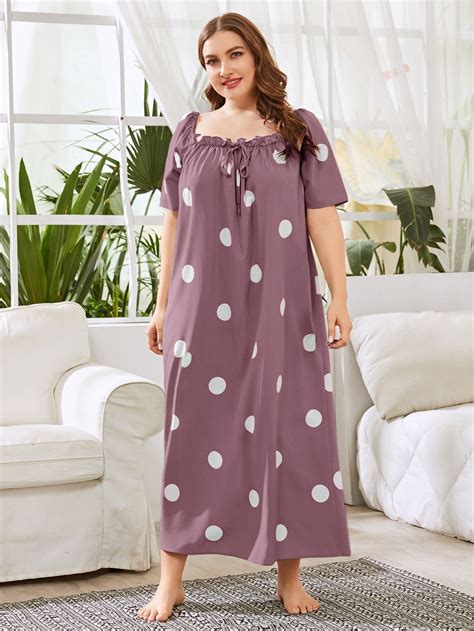 Plus Frill Trim Polka Dot Night Dress Night Dress Cotton Night Dress