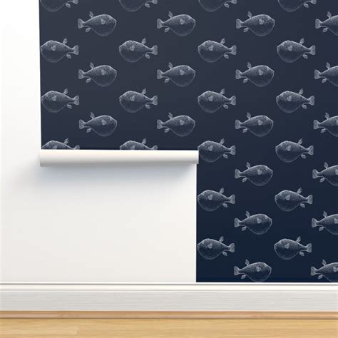 Puffer Fish Wallpaper Puffer Fish Silver on Navy by Jenlats - Etsy