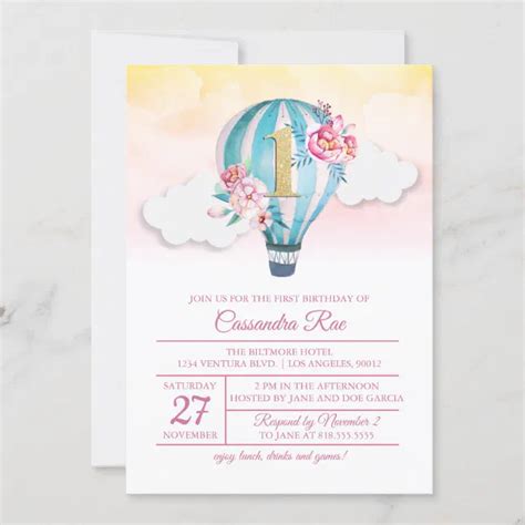 Hot Air Ballon First Birthday Invitation Zazzle