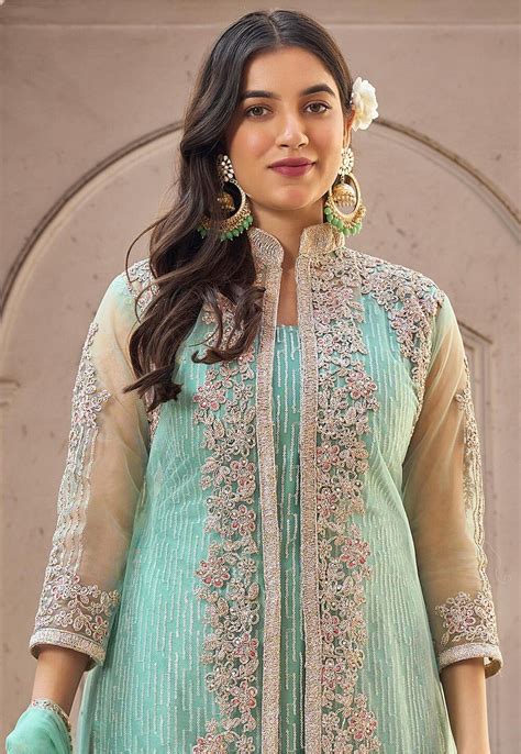 Buy Embroidered Net Jacket Style Pakistani Suit In Sea Green Online