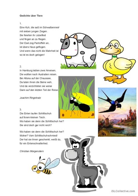 Gedichte über Tiere allgemeine Deutsch DAF Arbeitsblätter pdf doc