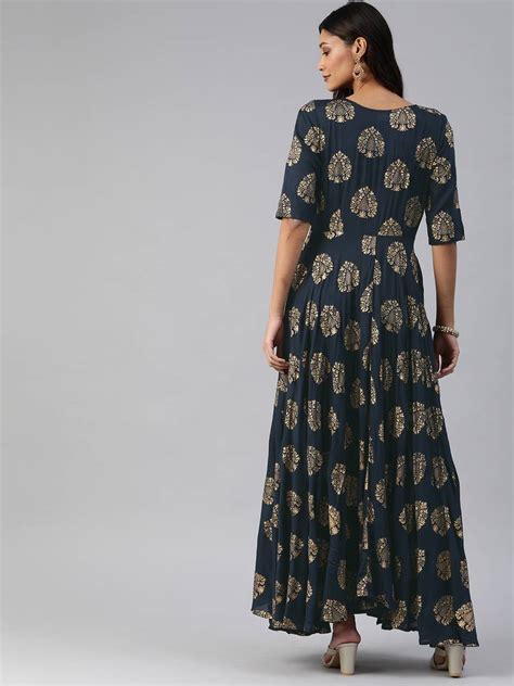 Navy Blue Printed Viscose Rayon Maxi Dresses Swishchick 3399258