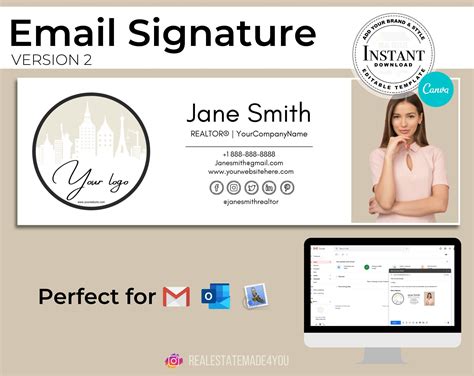 Email Signature V2 Editable In Canva Custom Gmail Signature Real Estate Marketing Real