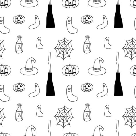 Halloween Doodle Seamless Pattern Isolated On White Background Witch Broom And Hats Pumpkin