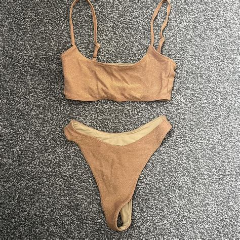 OH POLLY Sparkly Bronze Bikini Set With Thong Depop