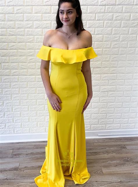 Glamorous Yellow Off The Shoulder Mermaid Ruffle Neck Long Prom Dress Vampal Dresses