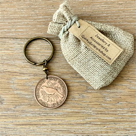 1964 New Zealand Penny Keyring Keychain Or Clip NZ Tui Bird Coin A