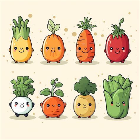 El Juego De Personajes De Verduras Kawaii Es Una Ilustraci N Vectorial