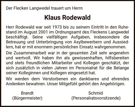 Traueranzeigen Von Klaus Rodewald Trauer Kreiszeitung De