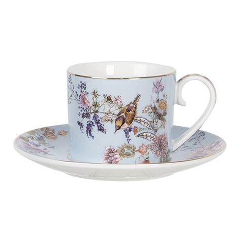 6CE1172 Tasse Et Soucoupe 220 Ml Bleu Porcelaine Fleurs Rond Vaisselle