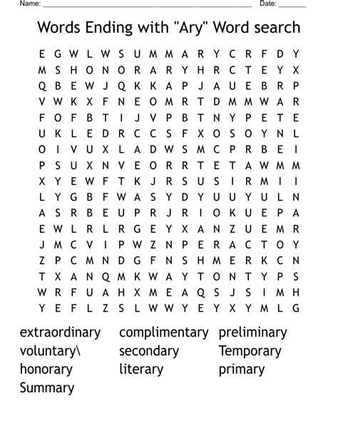 Words Ending With Ary Word Search Wordmint