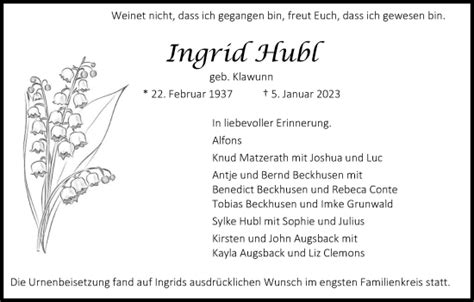 Traueranzeigen Von Ingrid Hubl WirTrauern