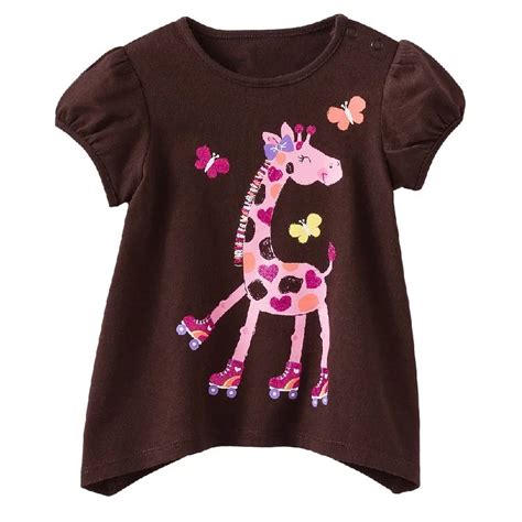 Brown With Pink Giraffe Baby Girls T Shirts Summer Short Sleeve Girls