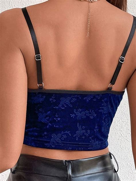 Emmiol Free Shipping Lace Trim Floral Velvet Crop Cami Top Blue S