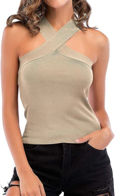 Qwerd Damen Sommer Tank Top Bluse Ärmellos Neckholder Criss Cross Weste