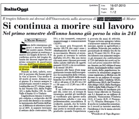 ITALIA OGGI Si Continua A Morire Sul Lavoro I Dati Dell Osservatorio