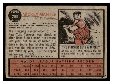 Lot 1962 Topps Mickey Mantle Baseball Card 200