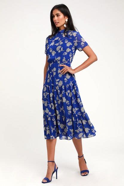 Floral Dressed Up Royal Blue Floral Print Midi Dress Satin Midi Dress