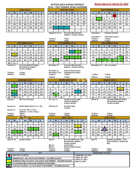 2016 - 2017 District Calendar | Butler Area School District – Butler, PA