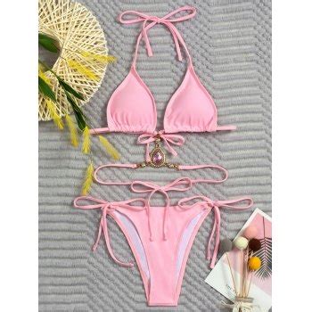 Emmiol Free Shipping Faux Crystal Decor Halter Bikini Set Pink M