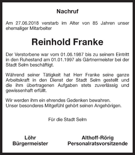 Traueranzeigen Von Reinhold Franke Sich Erinnern De