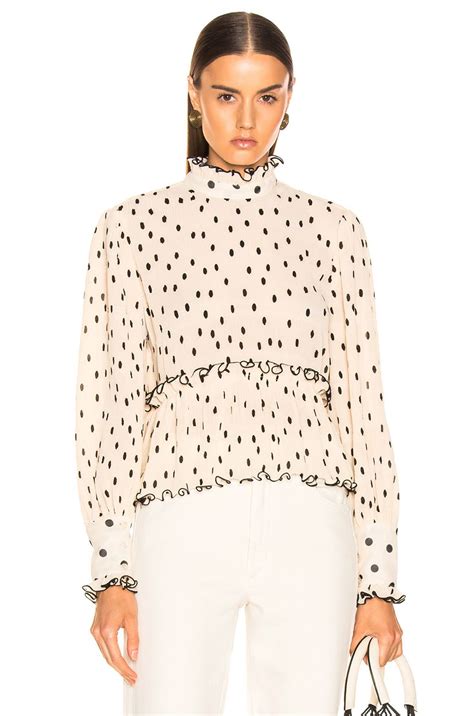 Ganni Ganni Pleated Georgette Top In Neutral Polka Dots Ganni Cloth