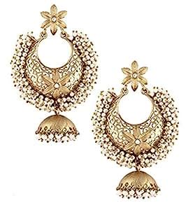 Buy The Jewelbox Large Pearl Filigree Antique Gold Plated Chaand Bali