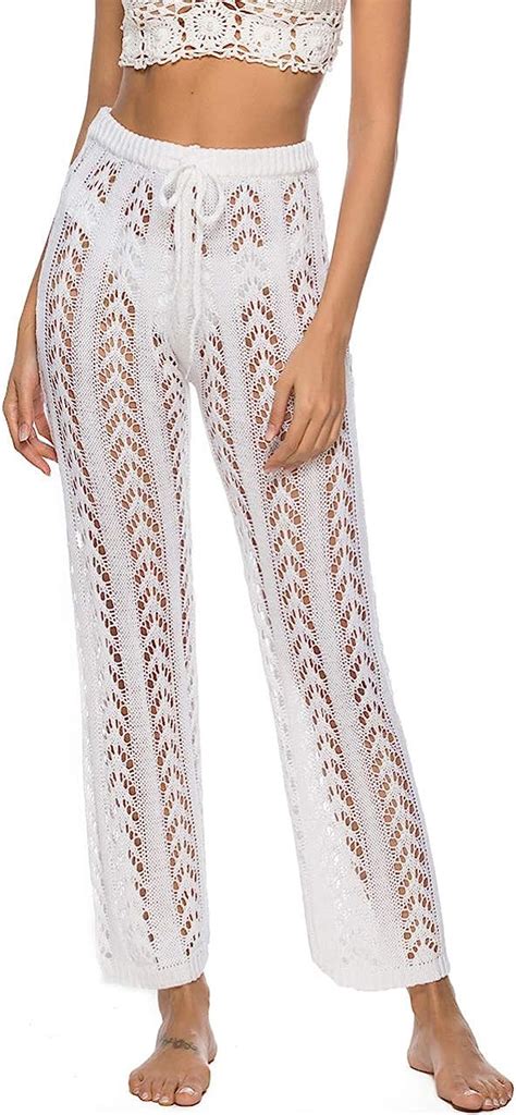 Chic Diary Womens Cover Up Pants Crochet Net Hollow Out Beach Pants