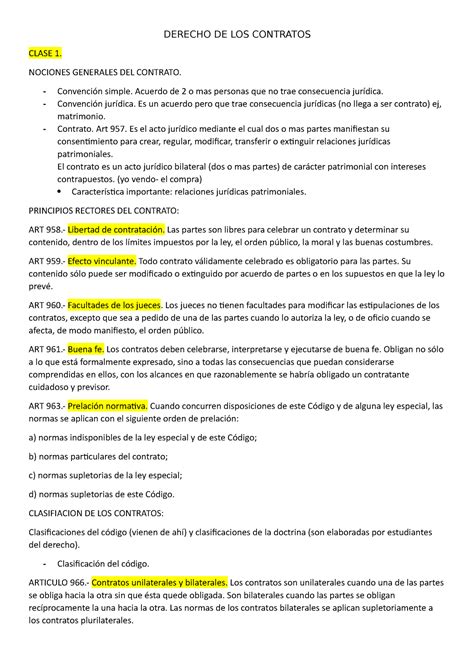 Derecho De Los Contratos Er Parcial Derecho De Los Contratos Clase