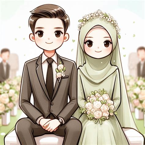 Watercolor illustration of a Muslim wedding couple in green costumes ...