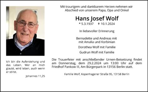 Traueranzeigen Von Hans Josef Wolf Trauerportal Ihrer Tageszeitung