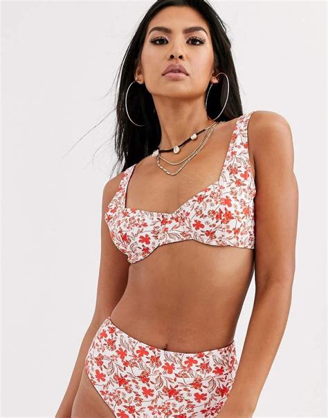 Kulani Kinis Underwire Bikini Top In White And Red Floral Red Floral