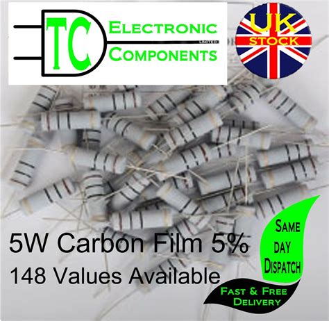 5 Watt Carbon Film Resistors 5 148 Values Available 0 1 Ohm To 10M Ohm