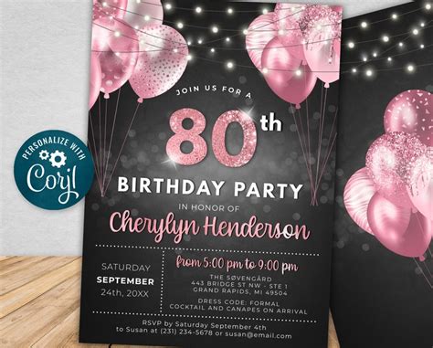 80th Birthday Invitation EIGHTY Party Black Pink Glitter Etsy