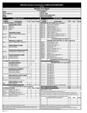 Fillable Online English Literature Concentration Curriculum Worksheet