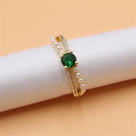 Anelli Anello Regolabile Oro Con Perle E Strass Pietra Centrale Verde