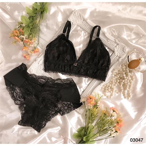 Conjunto Lingerie Calcinha e Sutiã sem bojo em renda Shopee Brasil