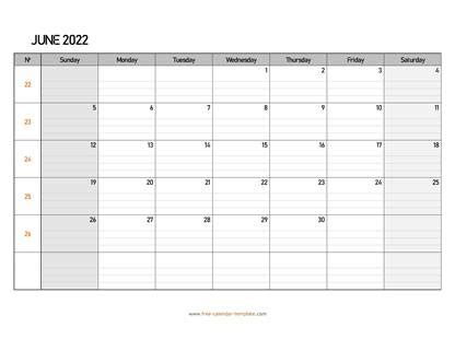 June 2022 Calendar Free Printable With Grid Lines Designed Horizontal