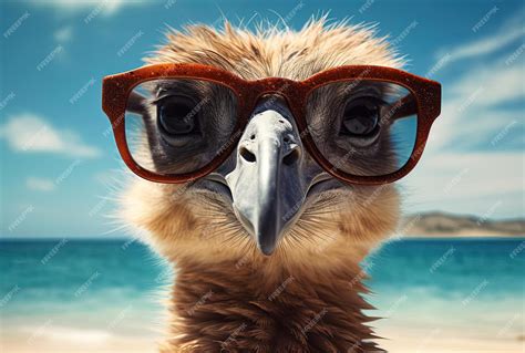 Premium Ai Image A Bird Wearing Sunglasses Stands On The Shore